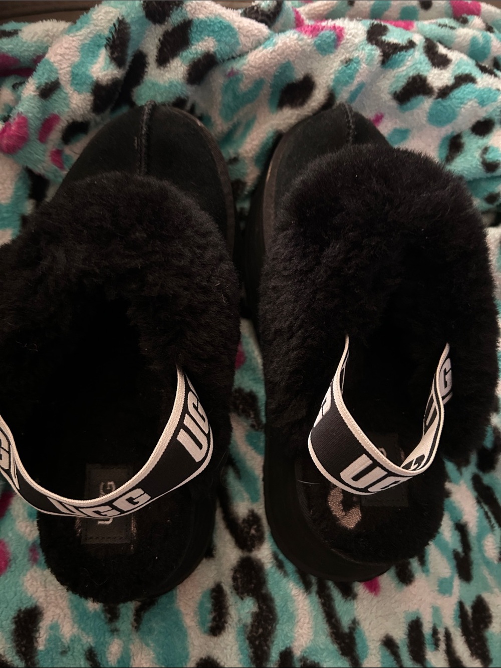 UGG Black Fuzzy slippers with Branded Elastic band
